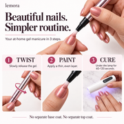 Lemora gel application: twist, paint a thin layer, cure for 60–120 seconds.